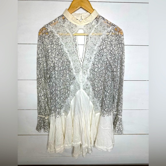 **SOLD**Free People Cream White Lace Sheer Chiffon Mini Dress Tunic - Small - Picture 2 of 8